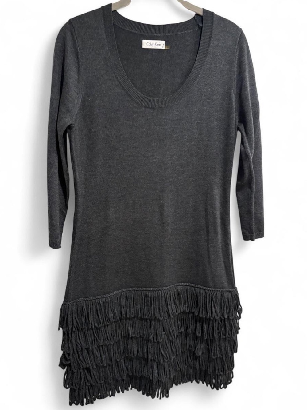 Calvin Klein Charcoal Scoop Neck Fringe-Hem Midi Dress